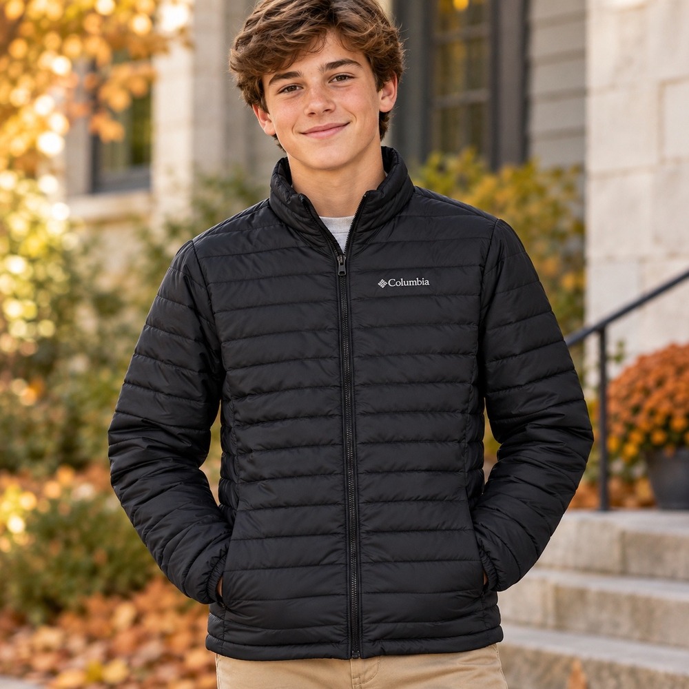 Columbia Boys Black Powder Lite Puffer Jacket Omni-Heat Insulated Large 14/16